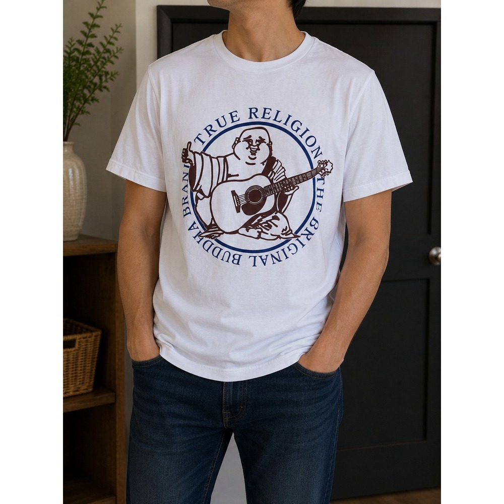 True Religion Buddha Guitar Graphic T-Shirt Mens XL White Short Sleeve Tee